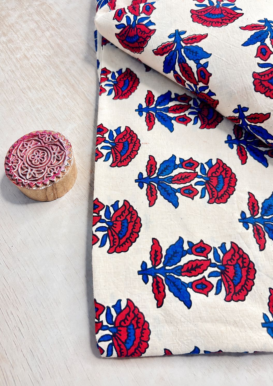 Ivory base w/ Ruby Red Flowers Ajrakh Fabric