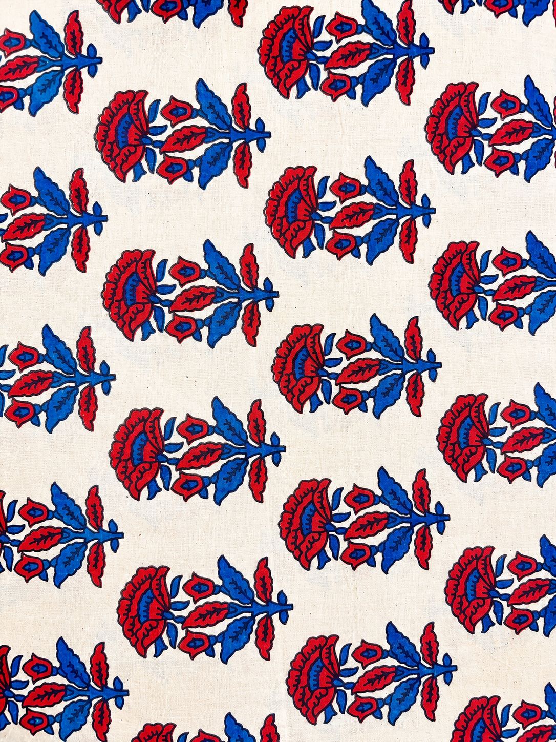 Ivory base w/ Ruby Red Flowers Ajrakh Fabric