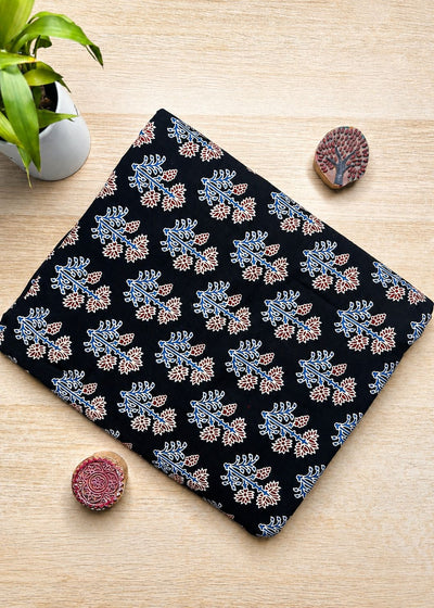 Black Base w/ Blue & Red Flowers Ajrakh Fabric