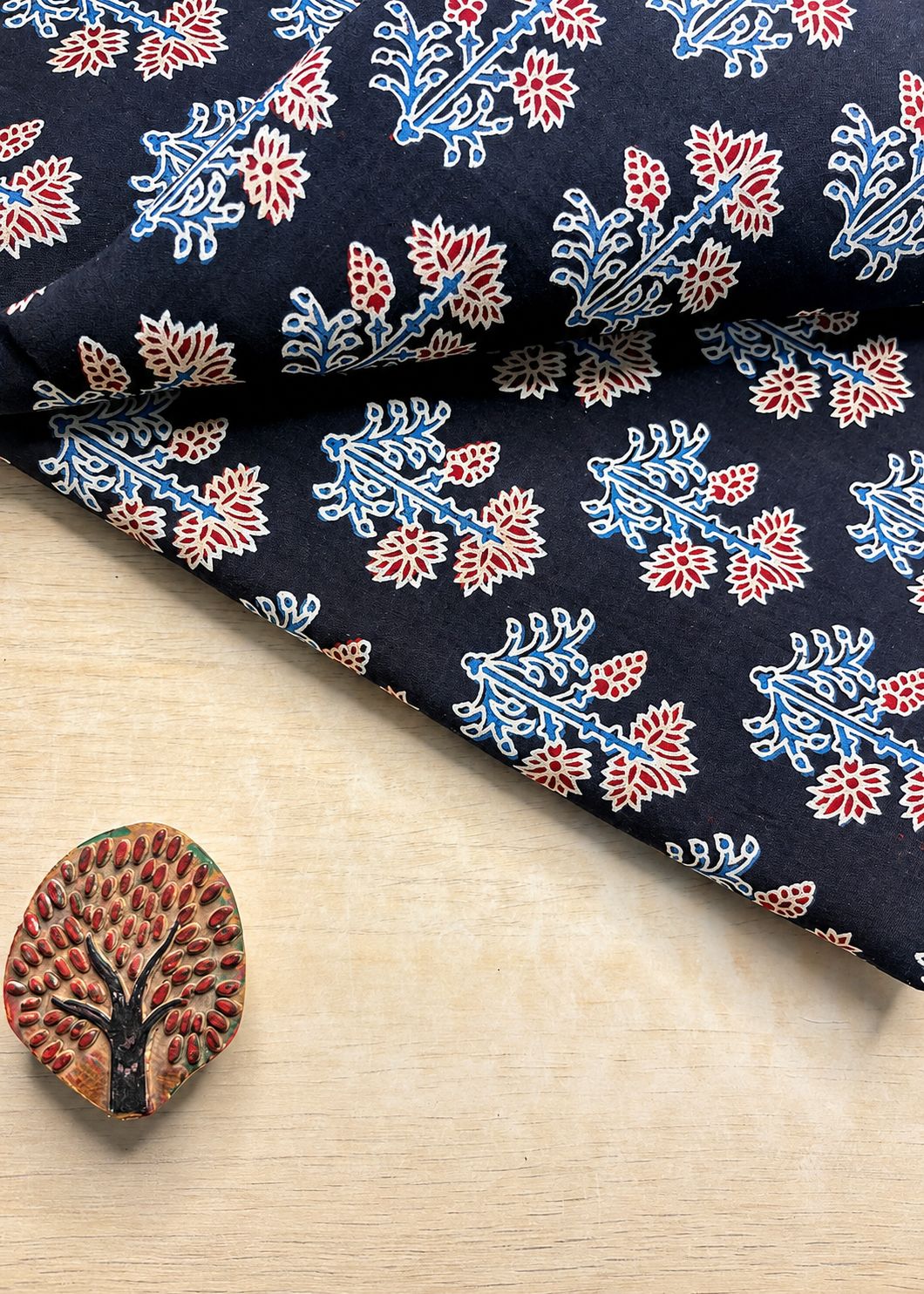 Black Base w/ Blue & Red Flowers Ajrakh Fabric