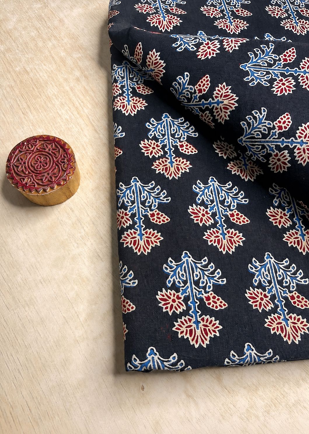 Black Base w/ Blue & Red Flowers Ajrakh Fabric