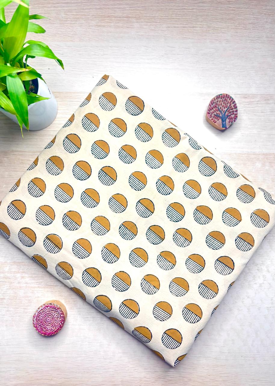 Beige Base w/ Mustard Striped Polka Dots Fabric