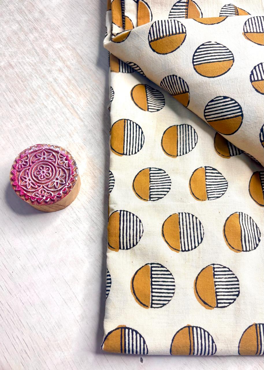 Beige Base w/ Mustard Striped Polka Dots Fabric