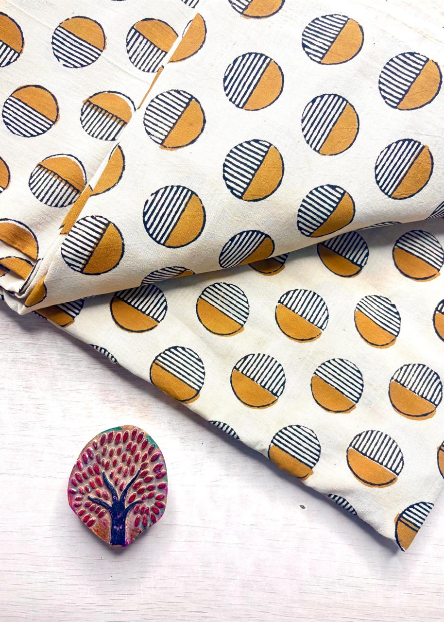 Beige Base w/ Mustard Striped Polka Dots Fabric