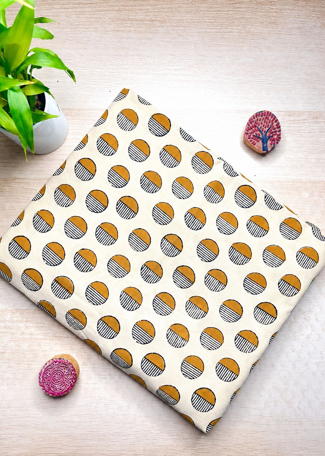 Beige Base w/ Mustard Striped Polka Dots Fabric