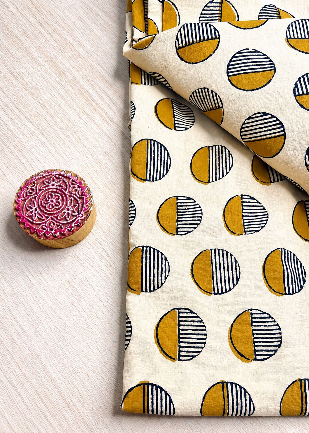 Beige Base w/ Mustard Striped Polka Dots Fabric
