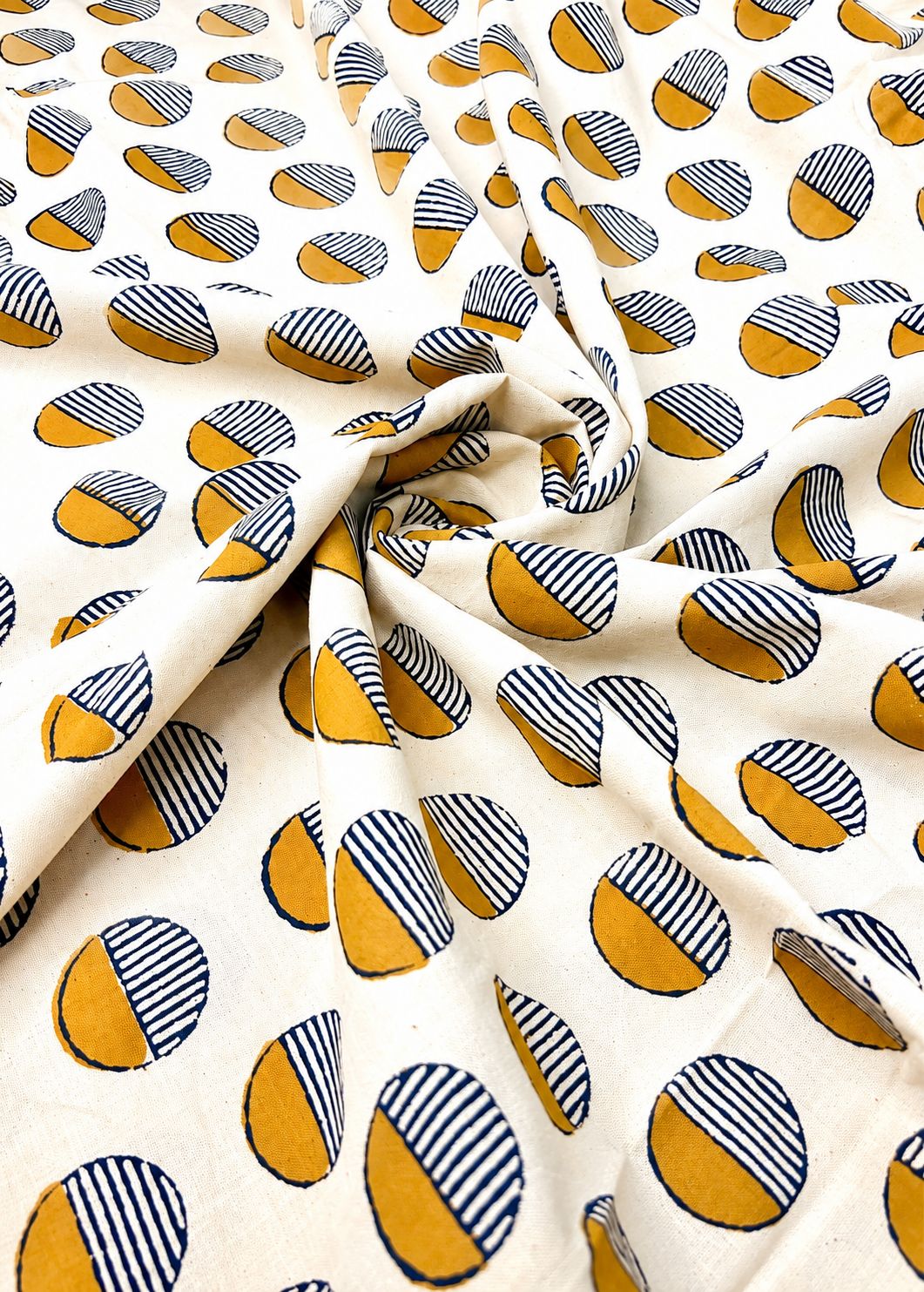 Beige Base w/ Mustard Striped Polka Dots Fabric