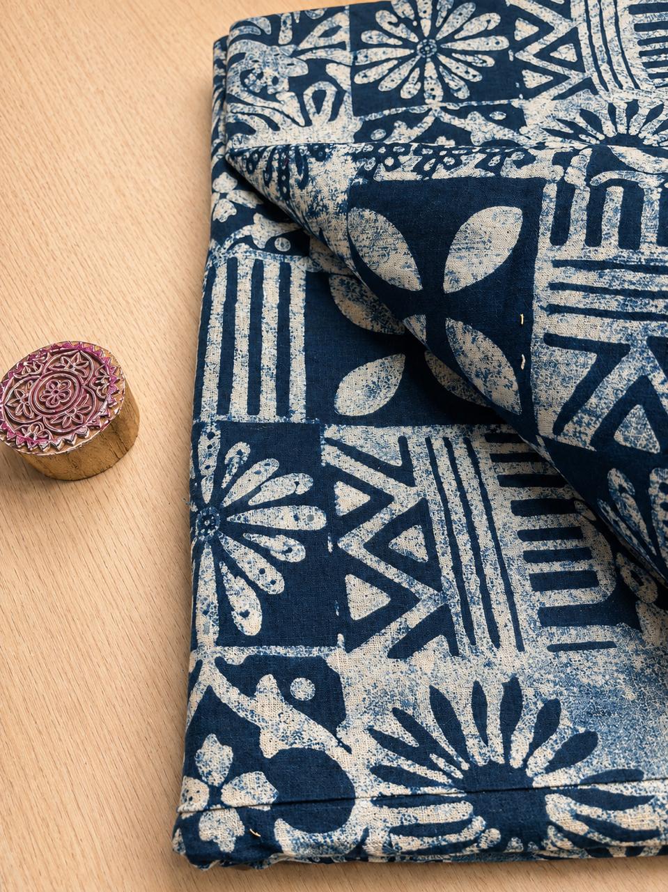 Indigo Base w/ Floral & Geometric Motifs Fabric