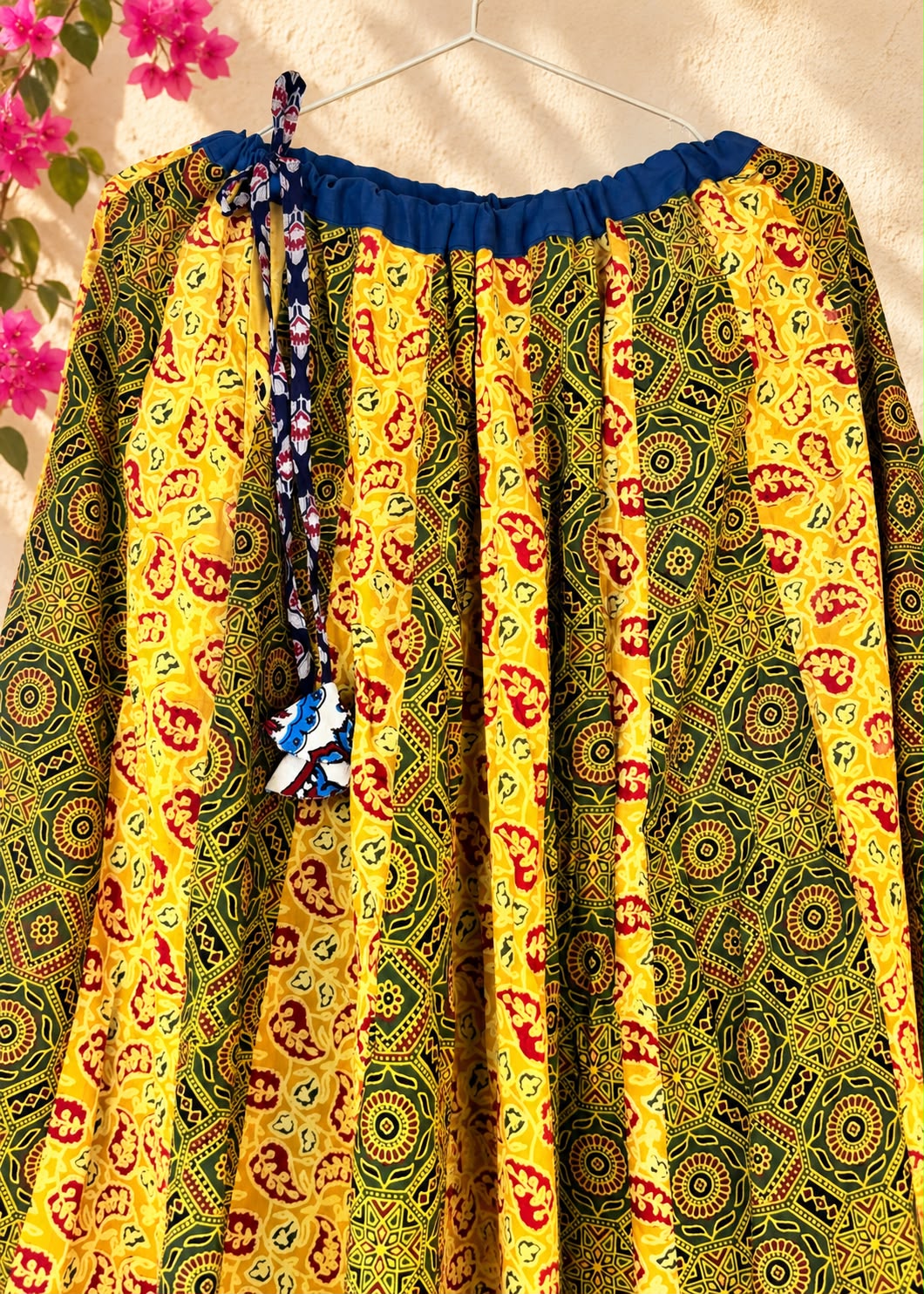 🌻Navrang ~ Ajrakh Skirt and Dupatta Set ~ Yellow & Blue w/ multicolor border