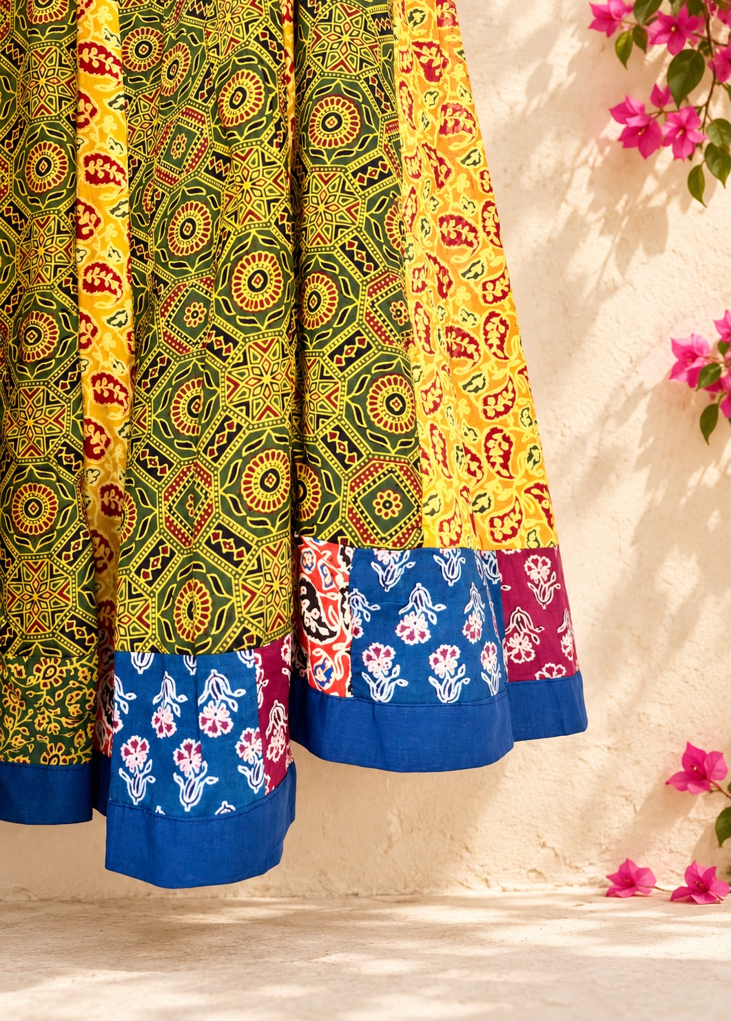 🌻Navrang ~ Ajrakh Skirt and Dupatta Set ~ Yellow & Blue w/ multicolor border