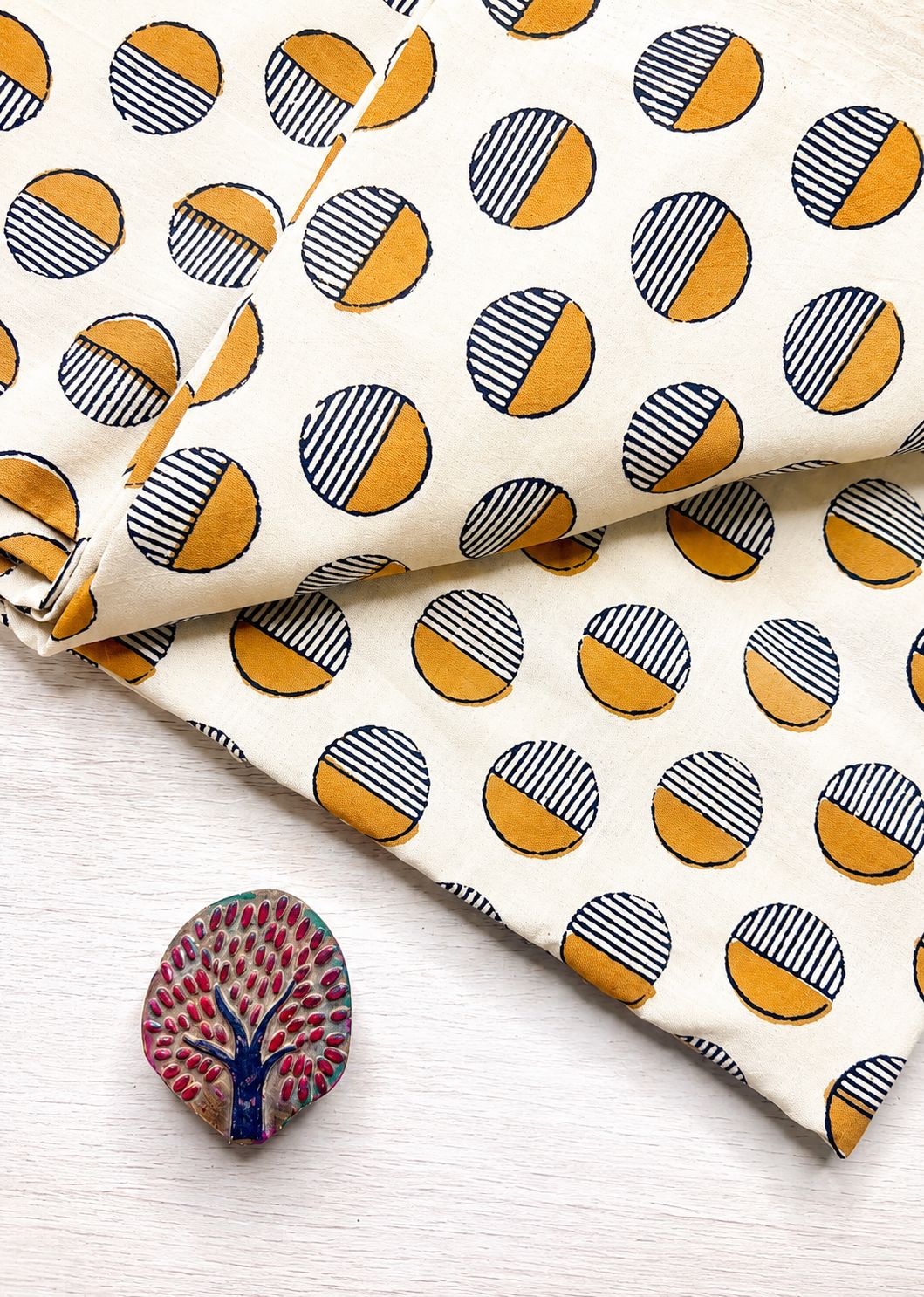Beige Base w/ Mustard Striped Polka Dots Fabric