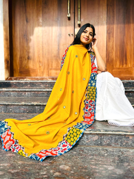 Ajrakh Applique & Kantha Embroidered Dupatta ~ Mustard Yellow