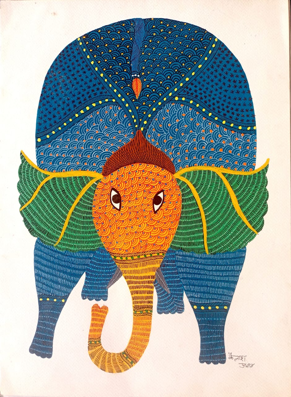 Curious Elephant - Gond Handpainted T-shirt